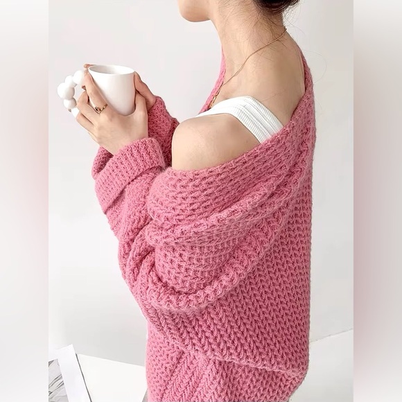 Sweater knit cardigan pocket wide sleeve boho rose pink NWT - Picture 5 of 10